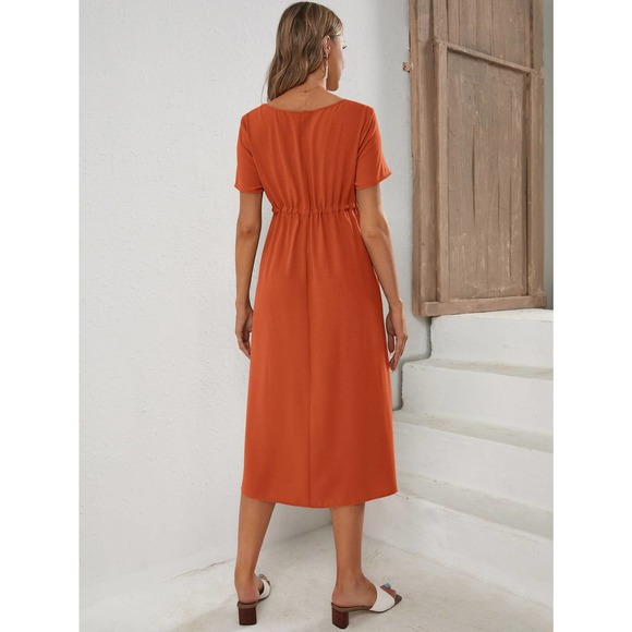 Maternity Drawstring Waist short sleeve midi Dress green - Picture 8 of 11